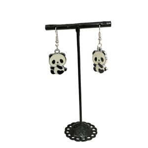 Panda Dangle Drop Earrings Black White Hook Closure
